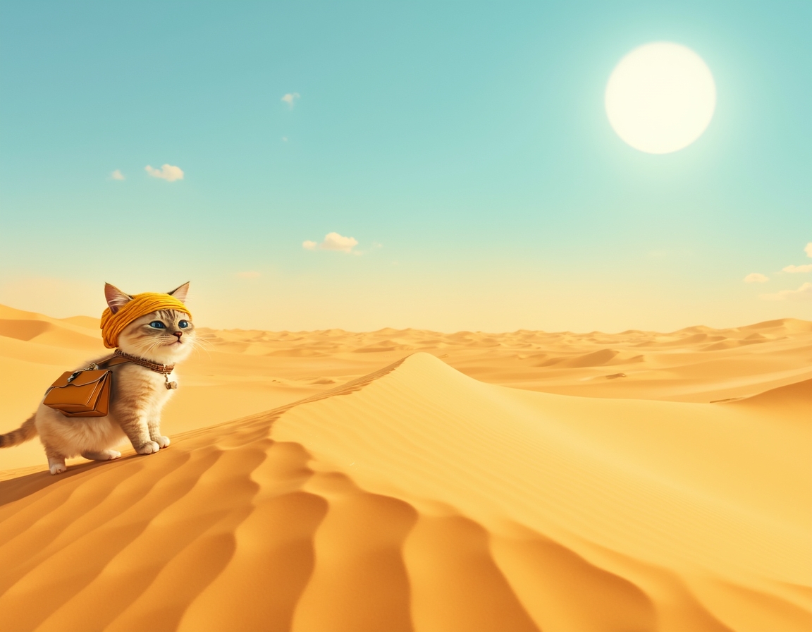 Cat crosses vast desert dunes, guided by the sun’s relentless heat and the promise of hidden oases. The scene is filled with swirling sand, vibrant skies, and an air of adventurous determination.